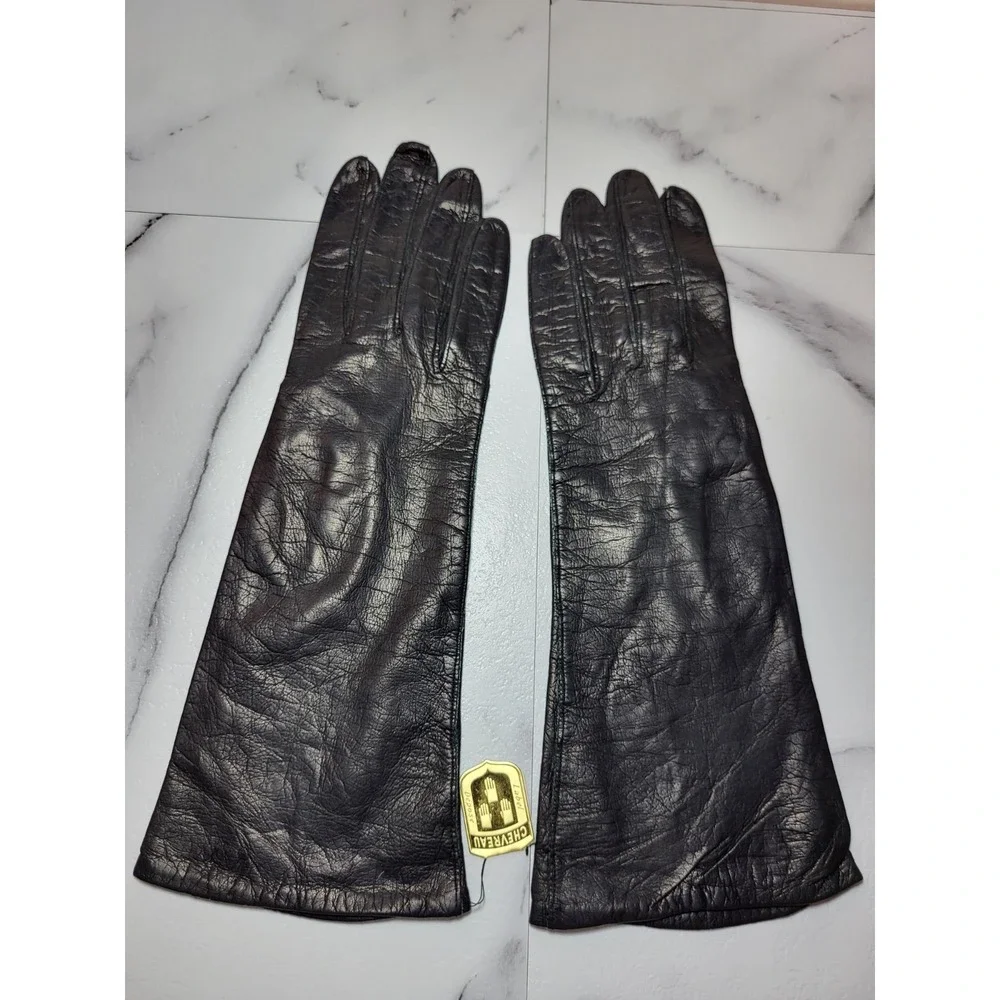 VTG NWT Chevreau Grenoble Black Kid Leather Gloves Silk Lined Mid Arm France‎ 7